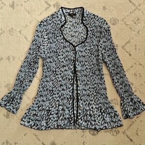 Plisse Sheer Pleated Women's Medium Blouse Bell Sleeve Ruffle Button Down Peplum